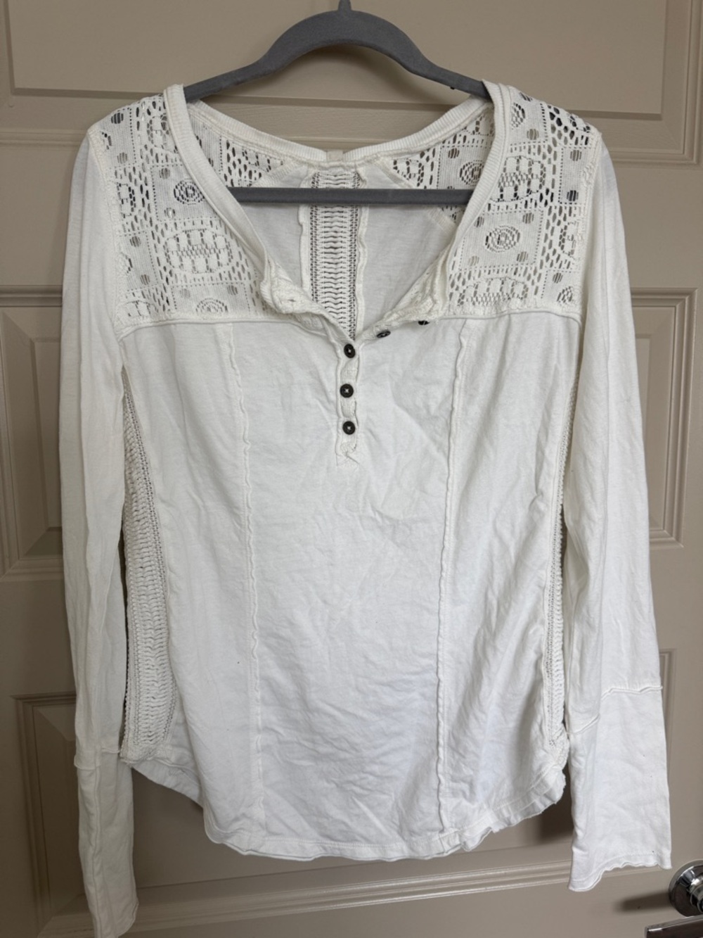 Free People White Crochet-Trim Henley Long-Sleeve Top - Picture 2 of 9
